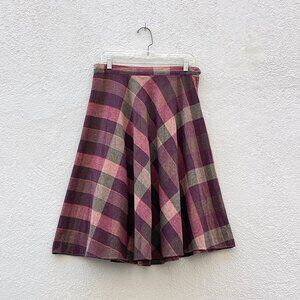 Vintage Woolen Burgundy and Brown Plaid Flair Midi Skirt Size Large